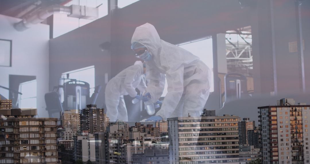 Pandemic Impact on Urban Life: Workers in Hazmat Suits Over Cityscape