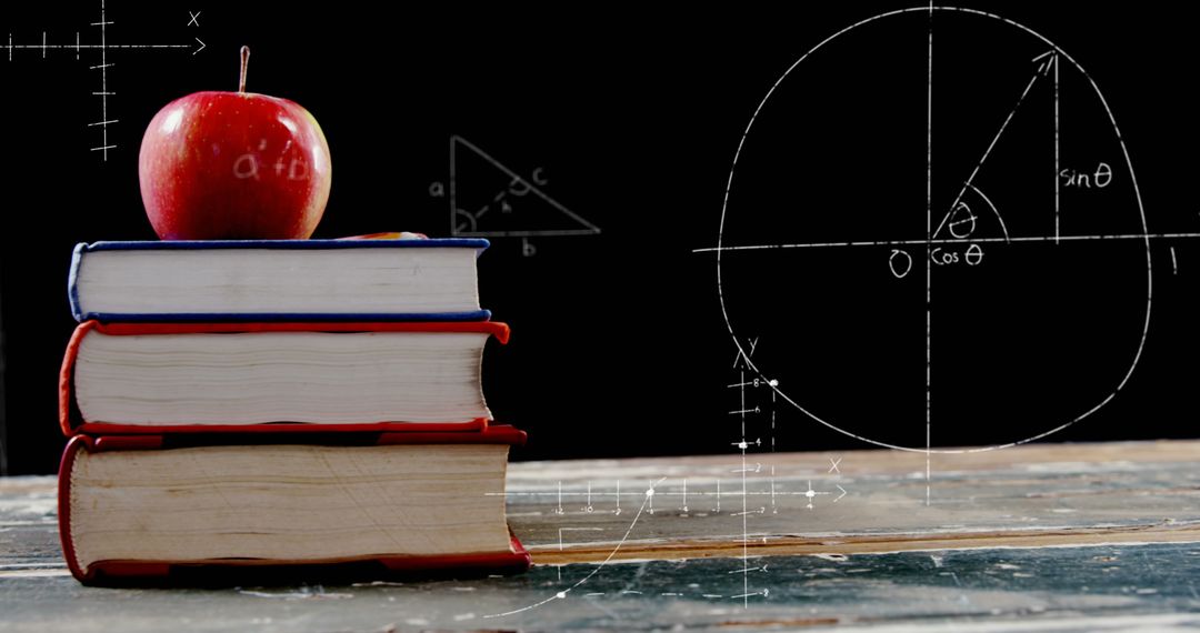 Math Equations Hovering Above Books and Apple on Desk