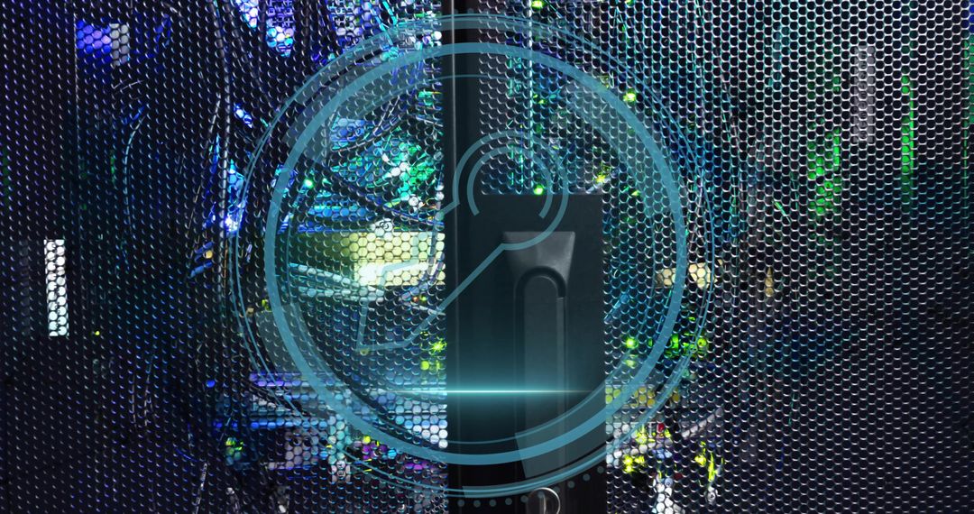 Futuristic Server Rack Overlay with Refresh Icon in Data Center