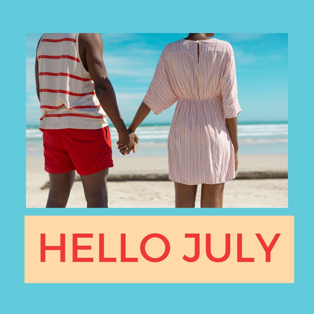 Couple Holding Hands on Sunny Beach with Hello July Greeting
