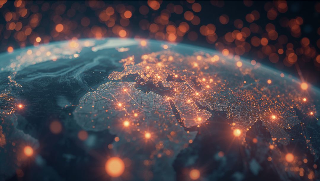 Futuristic Global Network Visualization with Glowing Nodes and Bokeh Spheres