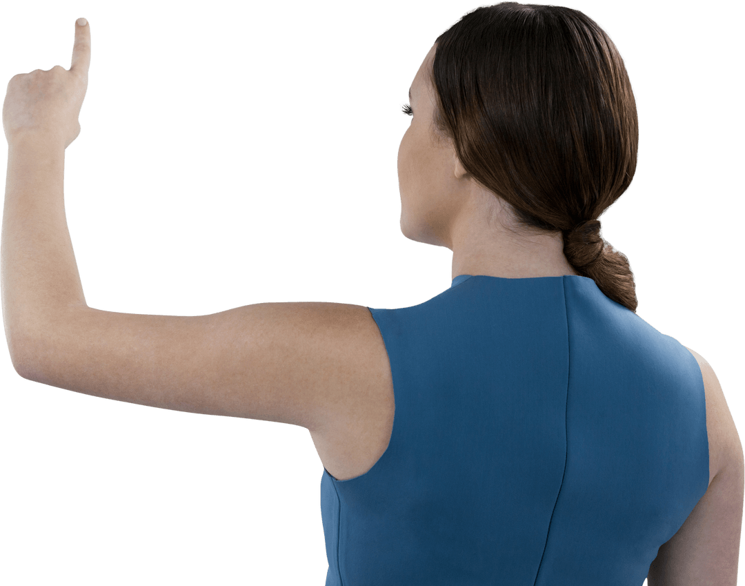 Rear View of Woman Demonstrating Pointing Gesture on Transparent Background