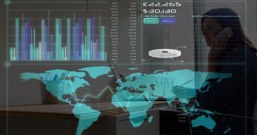 Global Data Interface Over Businessman Illuminates Office Workspace