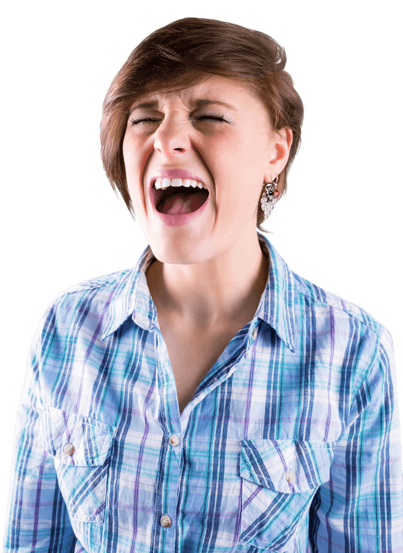 Transparent Woman Shouting in Emotion with Clenched Eyes