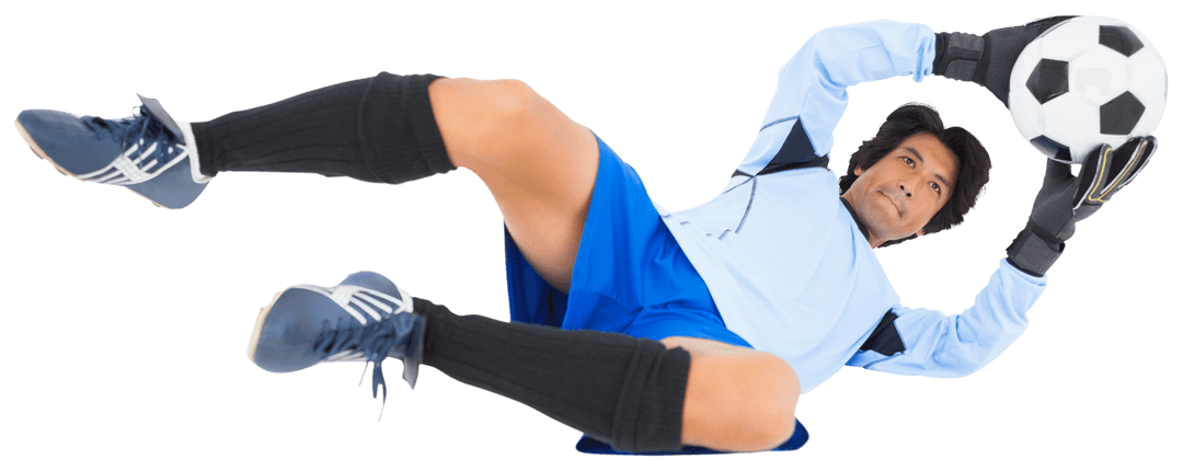 Goalkeeper Making Athletic Dive with ball Held Firmly on Transparent Background