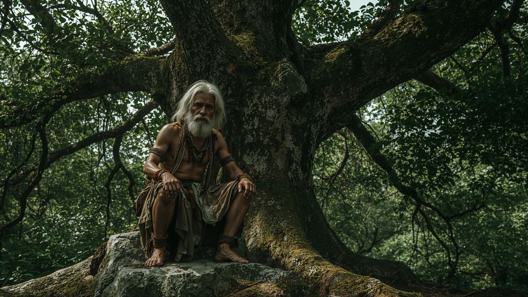 Wise caveman elder in forest enclave contemplating nature's silence