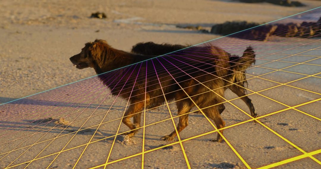 Dog Exploring Shoreline with Geometric Grid Overlay