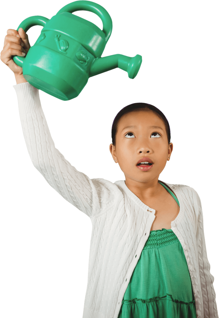 Girl Playfully Holding Green Watering Can on Transparent Background