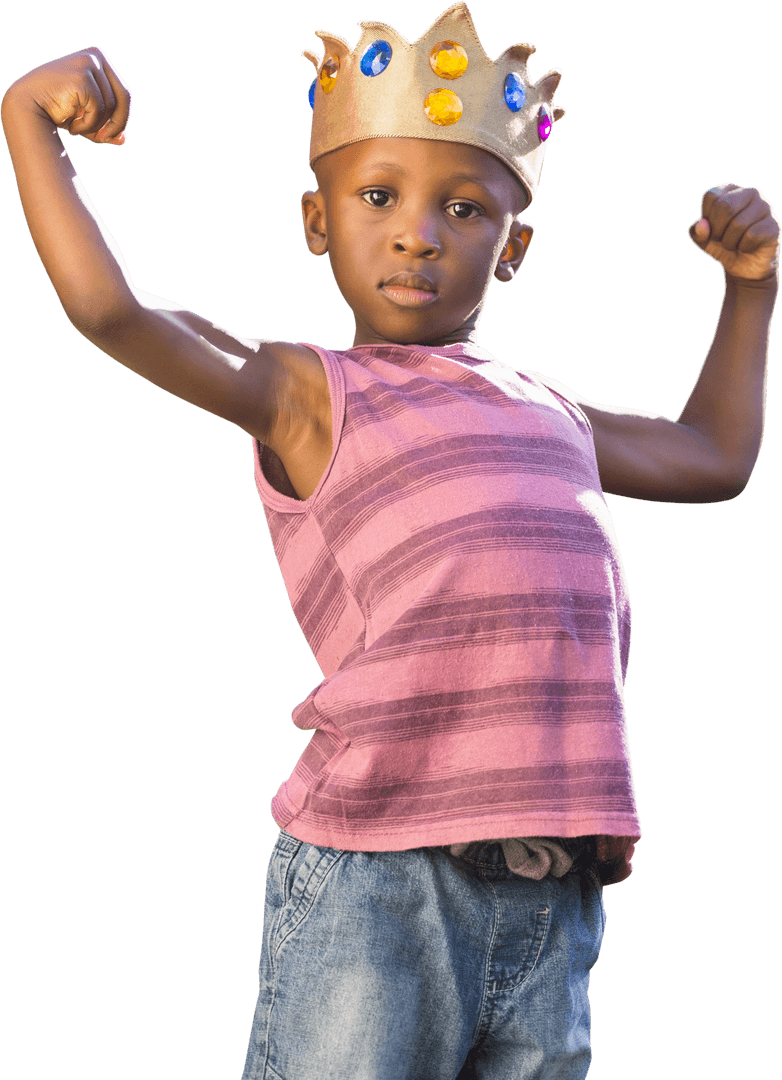 Confident Boy in Crown Flexing Muscles on Transparent Background