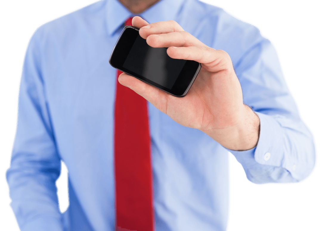 Transparent Businessman Holding Smartphone in Gesture of Offering