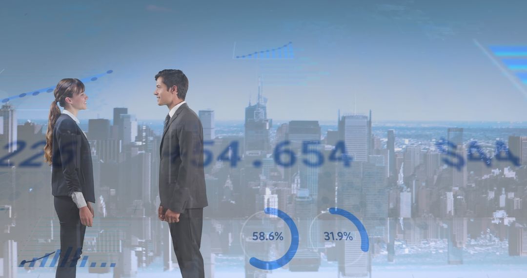 Businesspeople Analyzing Digital Financial Data with Skyline View