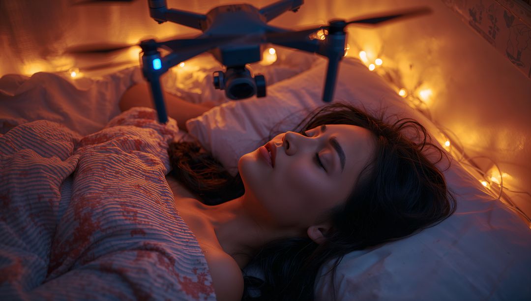 Woman Resting Peacefully with Hovering Drone at Night