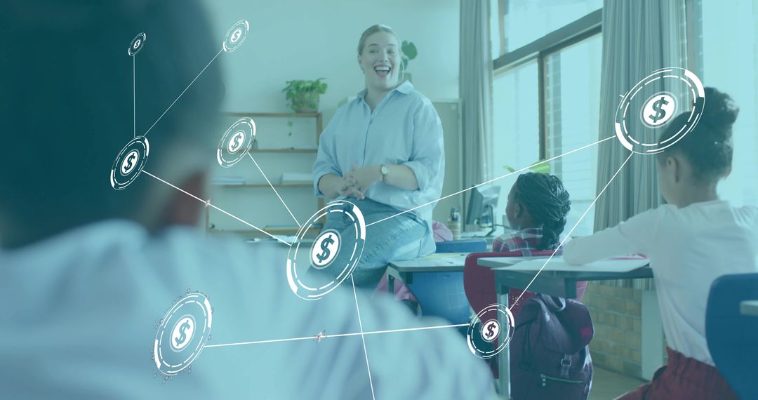 Teacher Leading Classroom with Dollar Overlay Representing School Funding and EdTech