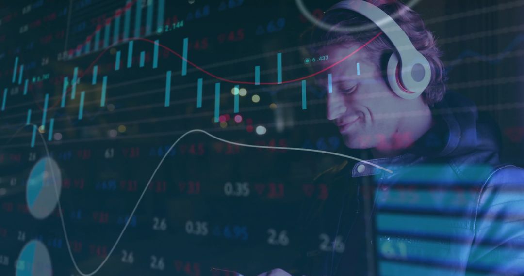 Young trader checking phone with white headphones amid neon financial charts overlay