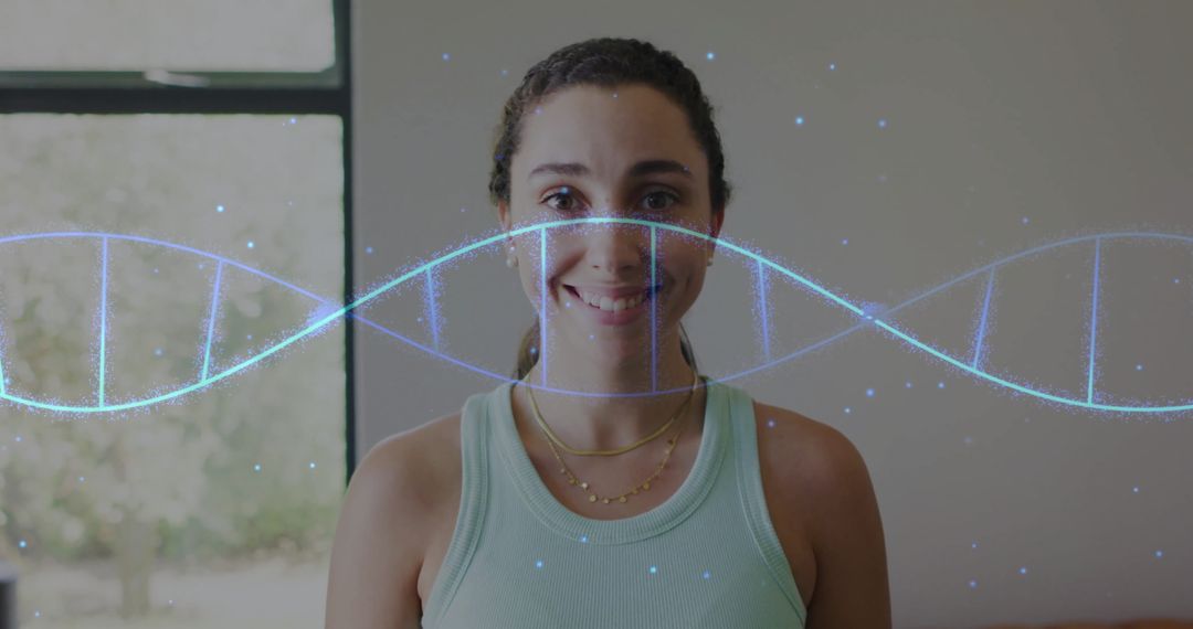 DNA Strand Over Caucasian Woman in Home Environment