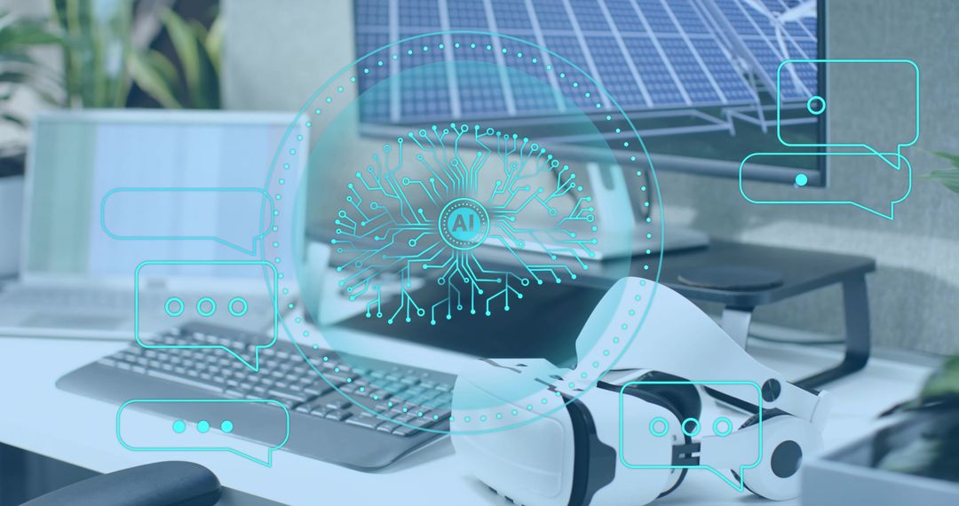 VR Headset Enabled AI Holographic Chat in Futuristic Workspace