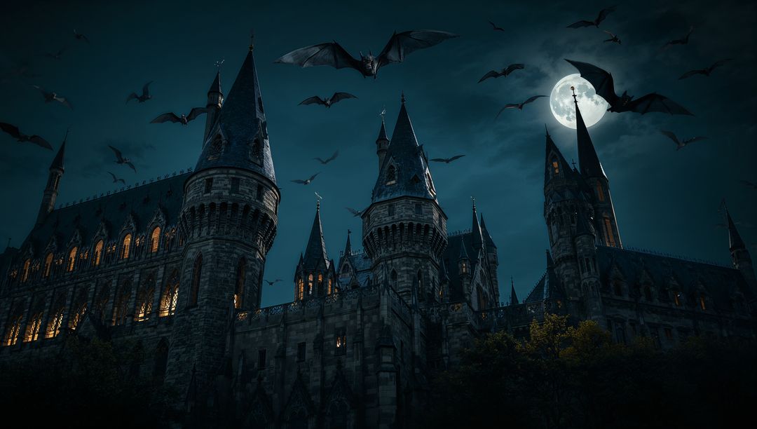 Majestic Gothic Castle Under Moonlit Sky with Bats
