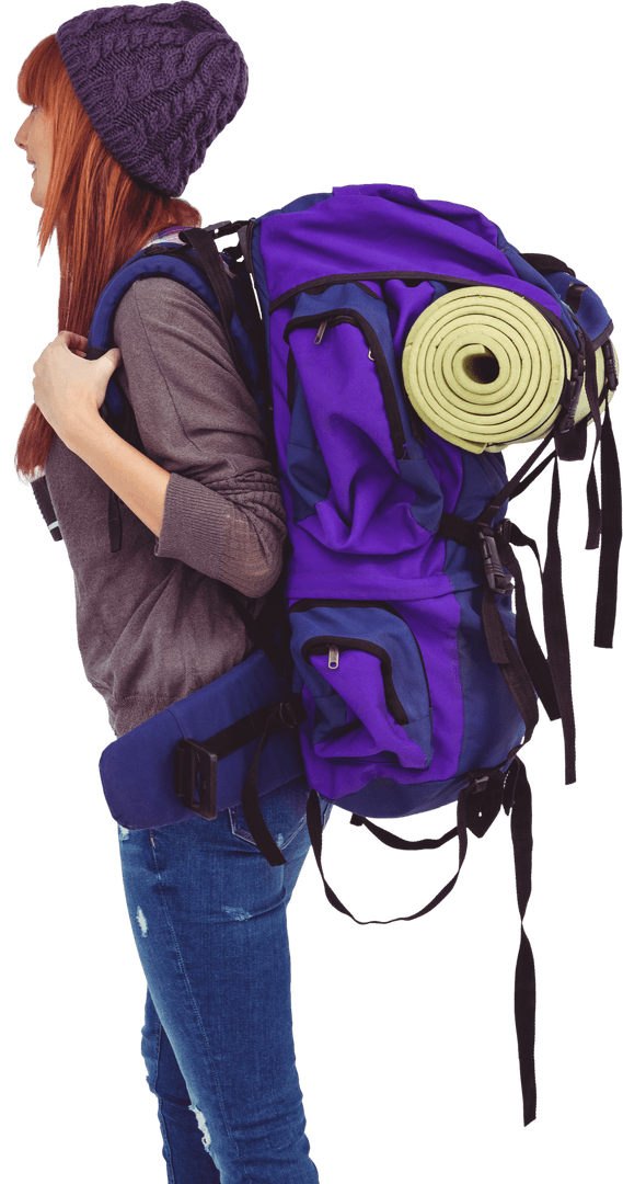 Transparent Hipster Woman Hiking with Purple Backpack