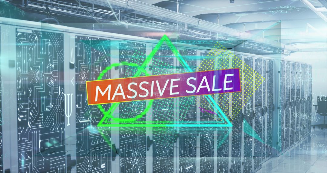 Massive Sale Banner with Abstract Neon Designs in Server Room