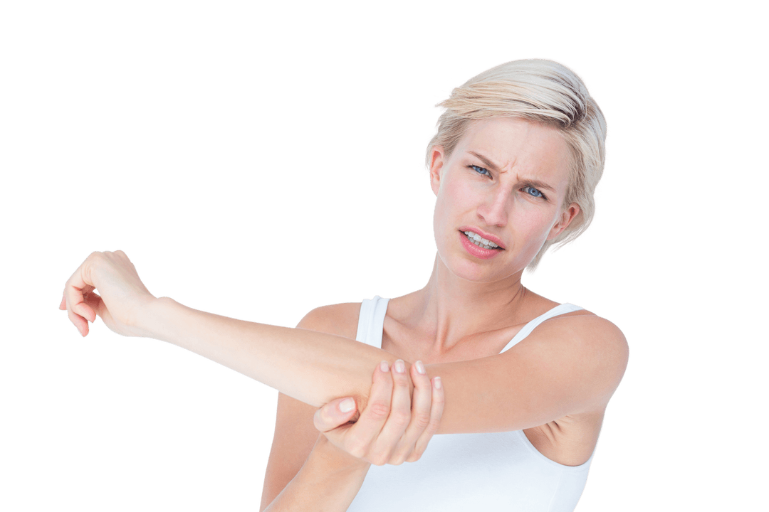 Woman Experiencing Elbow Pain on Transparent Background