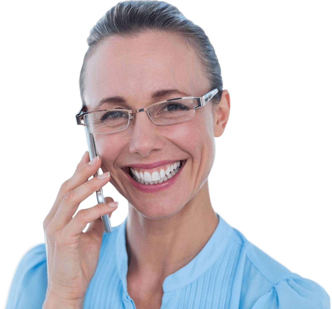 Smiling Businesswoman Talking on Transparent Phone
