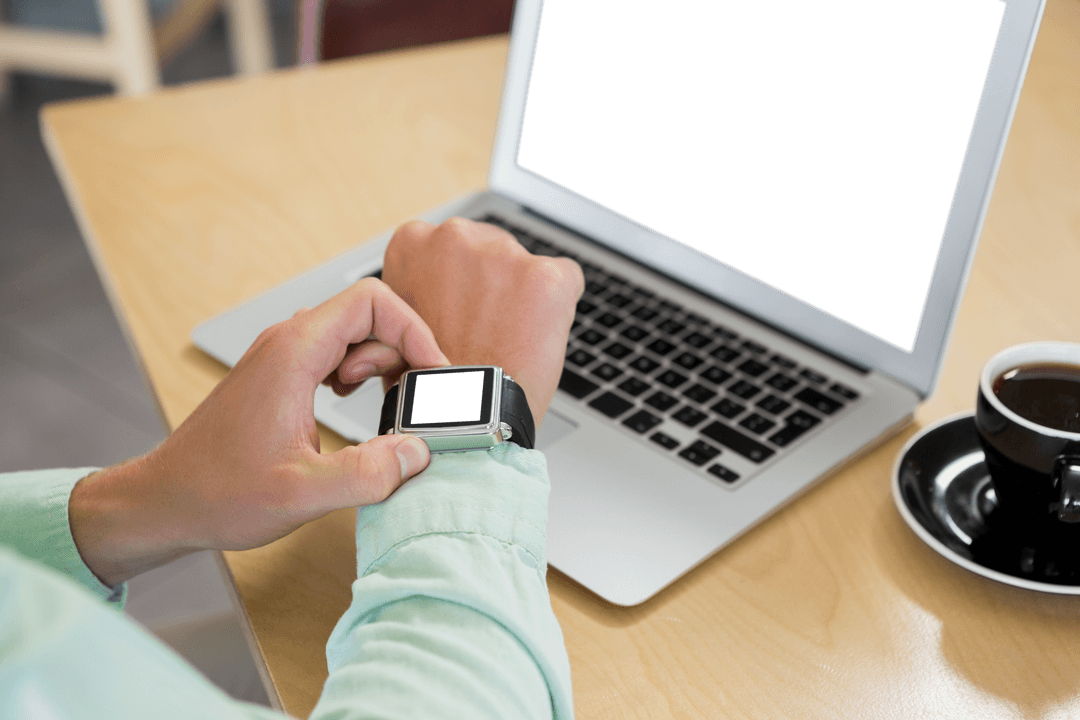 Checking Smartwatch Notifications at Coffee House Transparent Screen