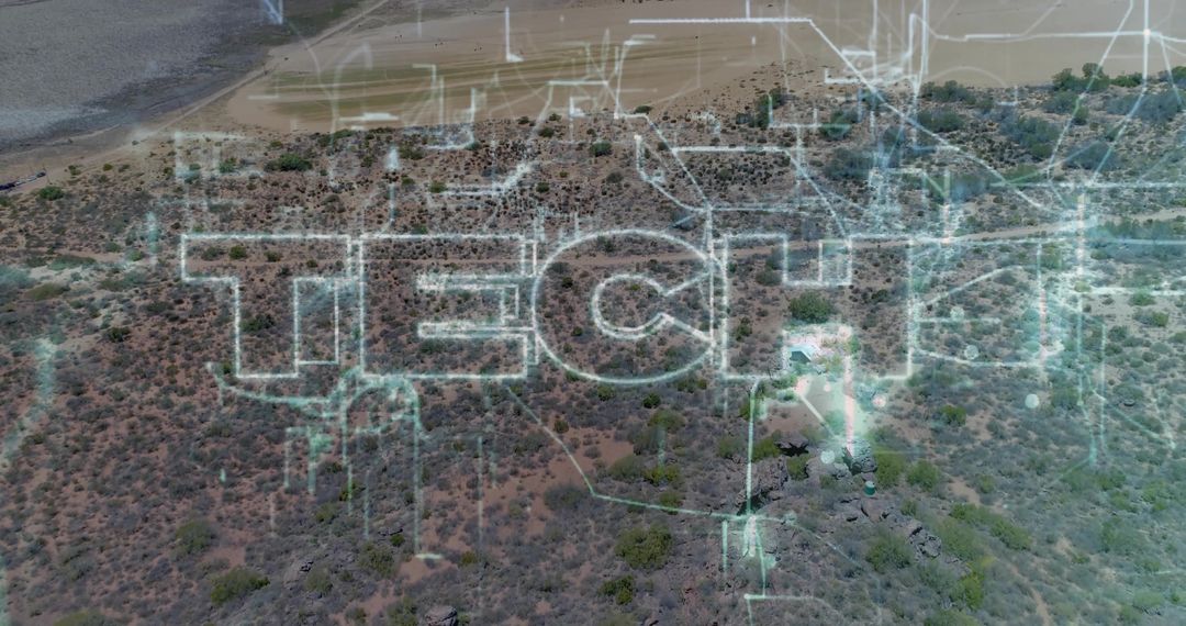 Drone projecting holographic TECH overlay over arid coastline with neon circuit nodes