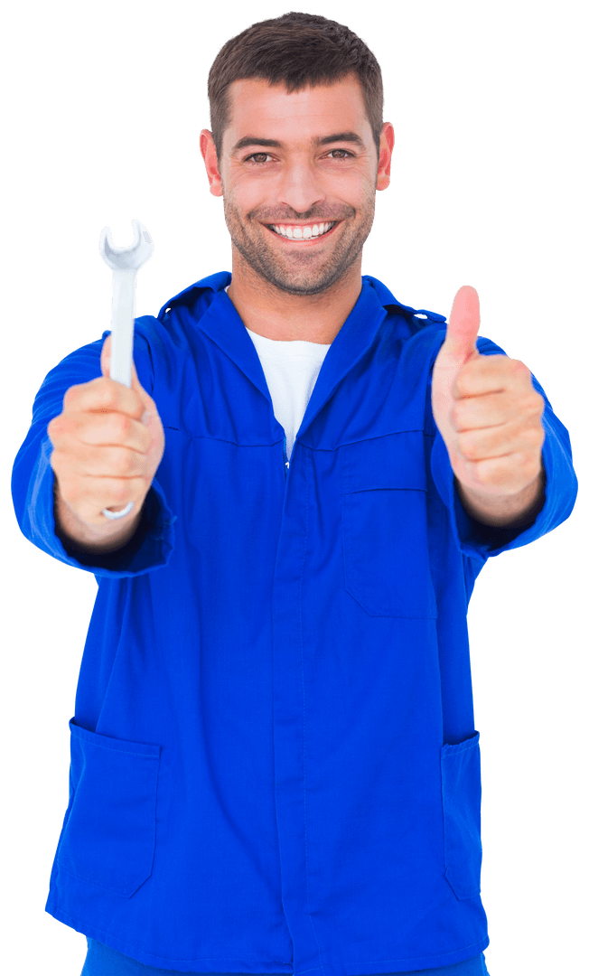 Transparent Smiling Male Mechanic with Spanner and Thumbs Up Gesture