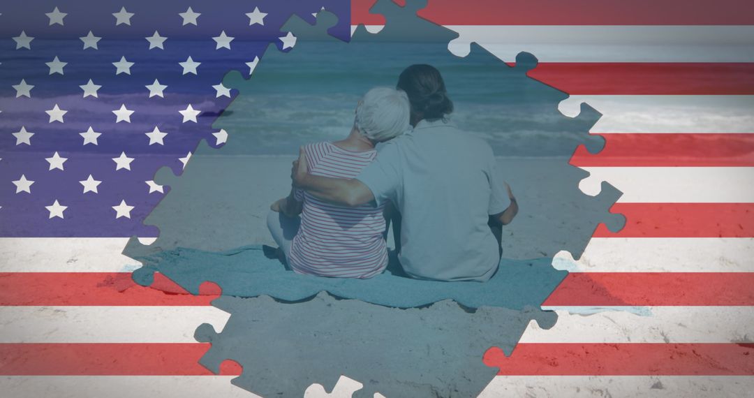 American Flag Puzzle Overlapping Senior Couple Embracing at Beach