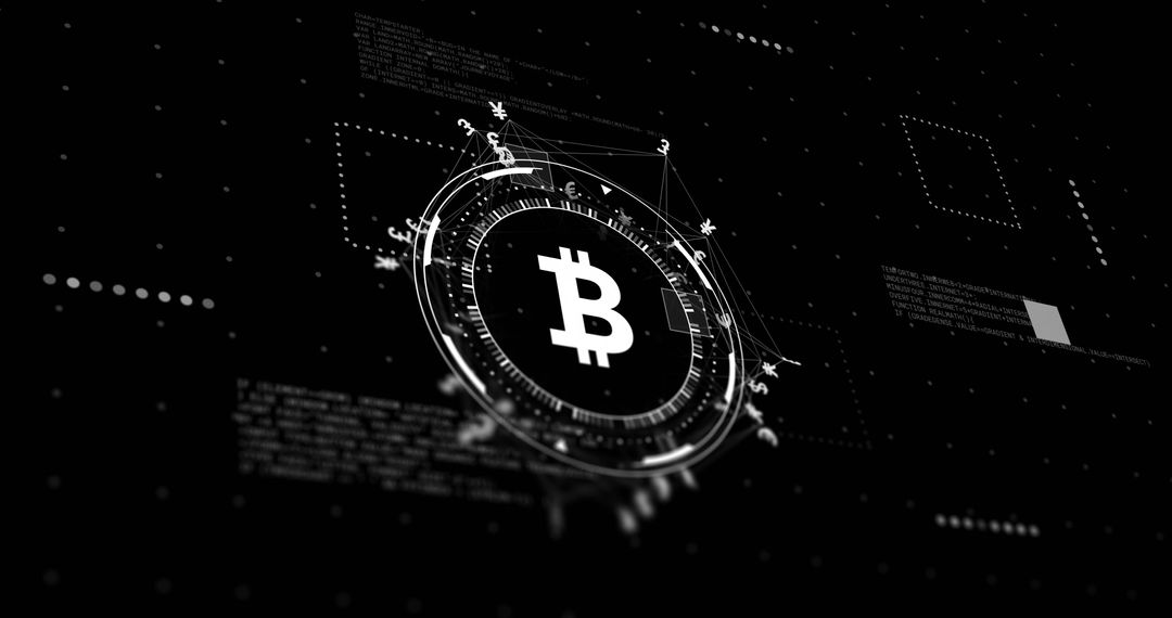 Abstract Bitcoin Network Data Processing on Black Background