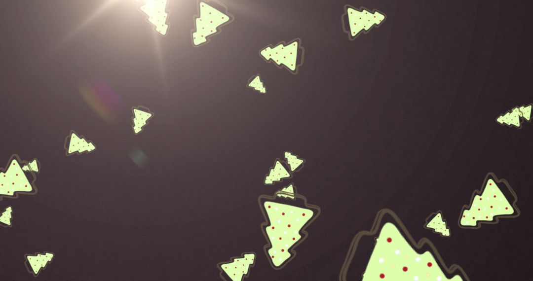 Falling Christmas Tree Icons with Light Flare on Dark Background