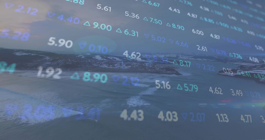 Abstract Stock Market Data Overlaid on Tranquil Mountainscape