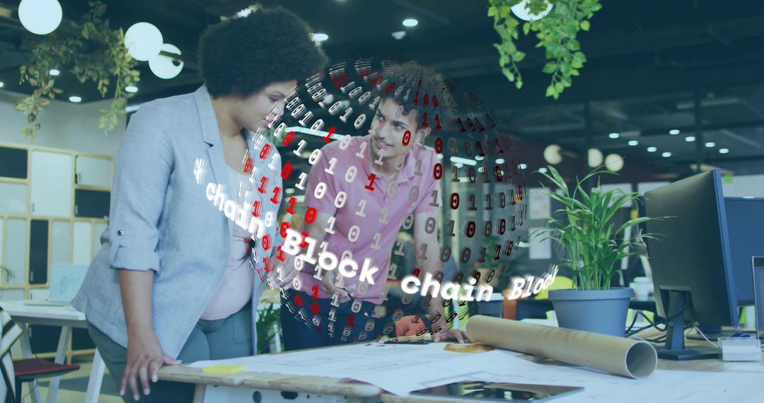 Colleagues Analyzing Projects with Blockchain Hologram in Modern Office