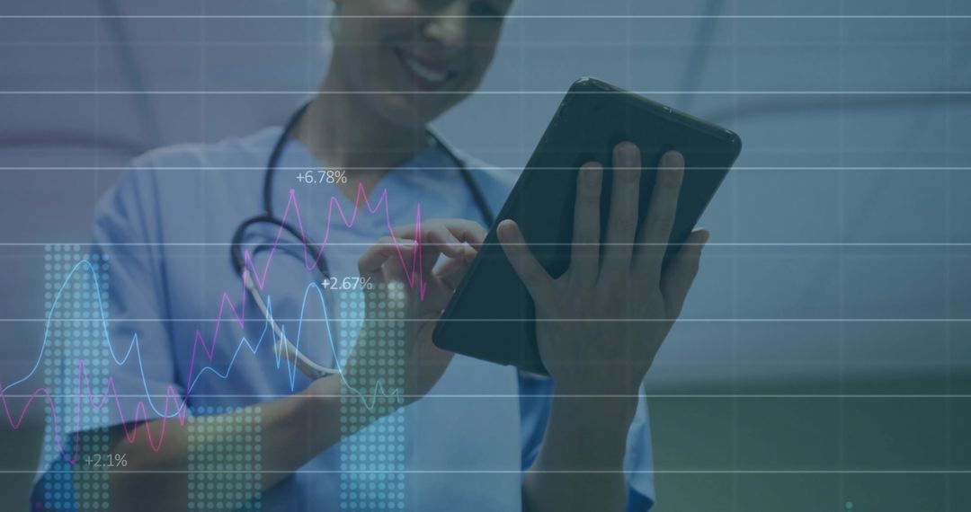 Healthcare Professional Analyzing Data on Tablet with Graphs Overlay