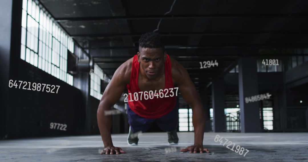 Athlete Performing Push-Ups in Abandoned Building with Floating Numbers