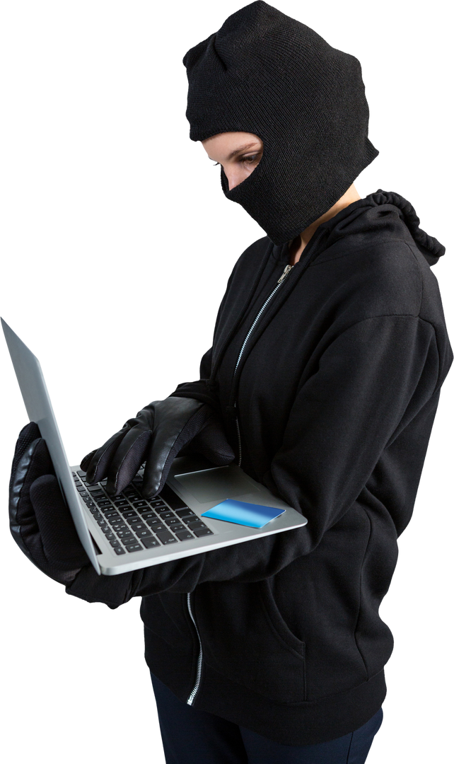 Female Hacker Dressed in Black using Laptop for Cyber Operation, Transparent - Download Free Stock Images Pikwizard.com