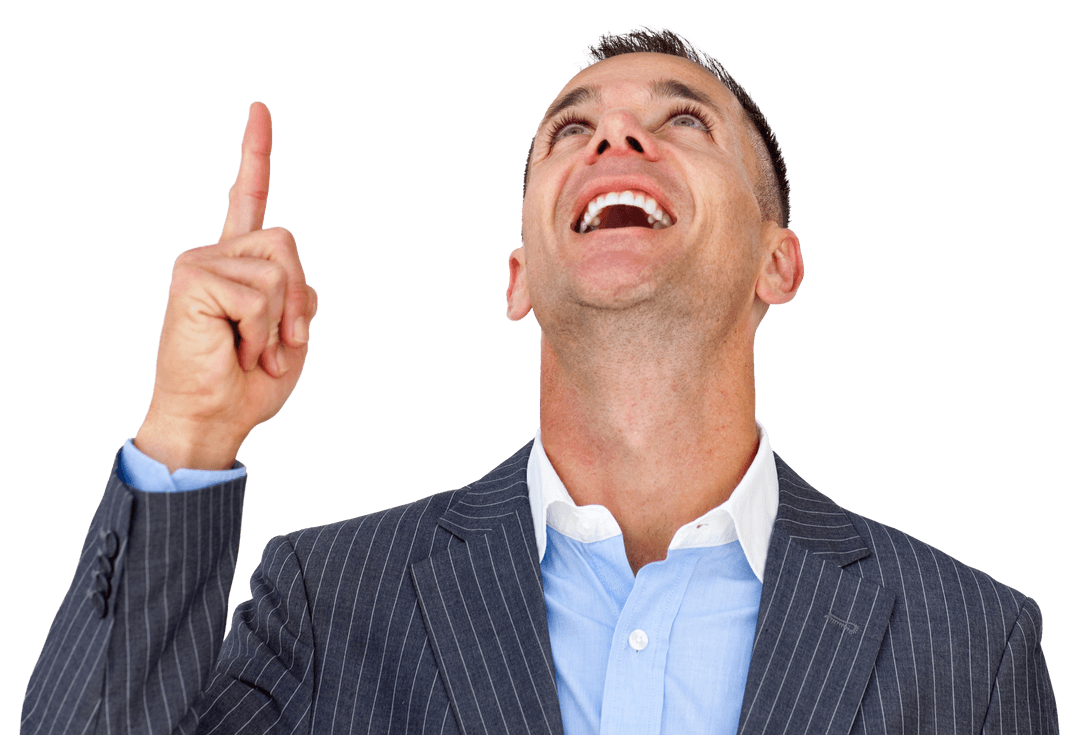 Transparent Cheerful Businessman Pointing Upward with Smile