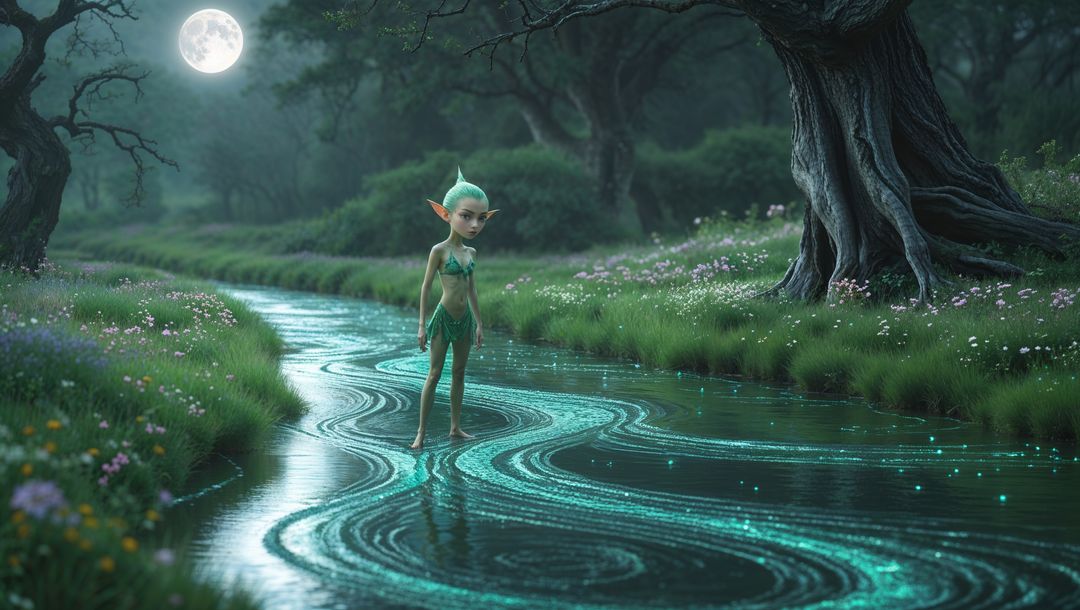 Mystical Elf in Moonlit Enchanted Forest Scene with Magical Stream