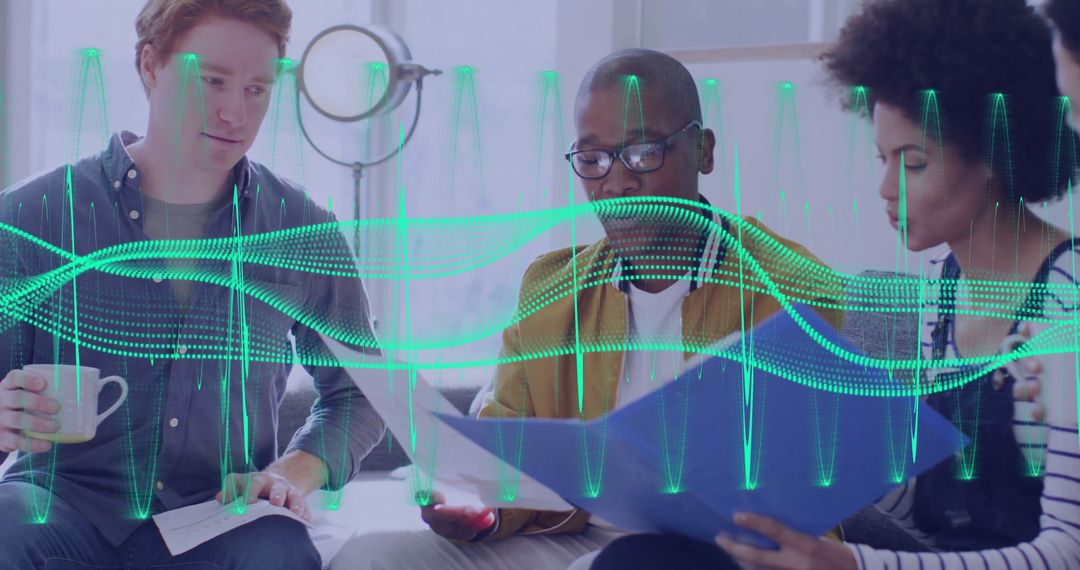 Diverse Team Analyzing AI Data Trends in Modern Office