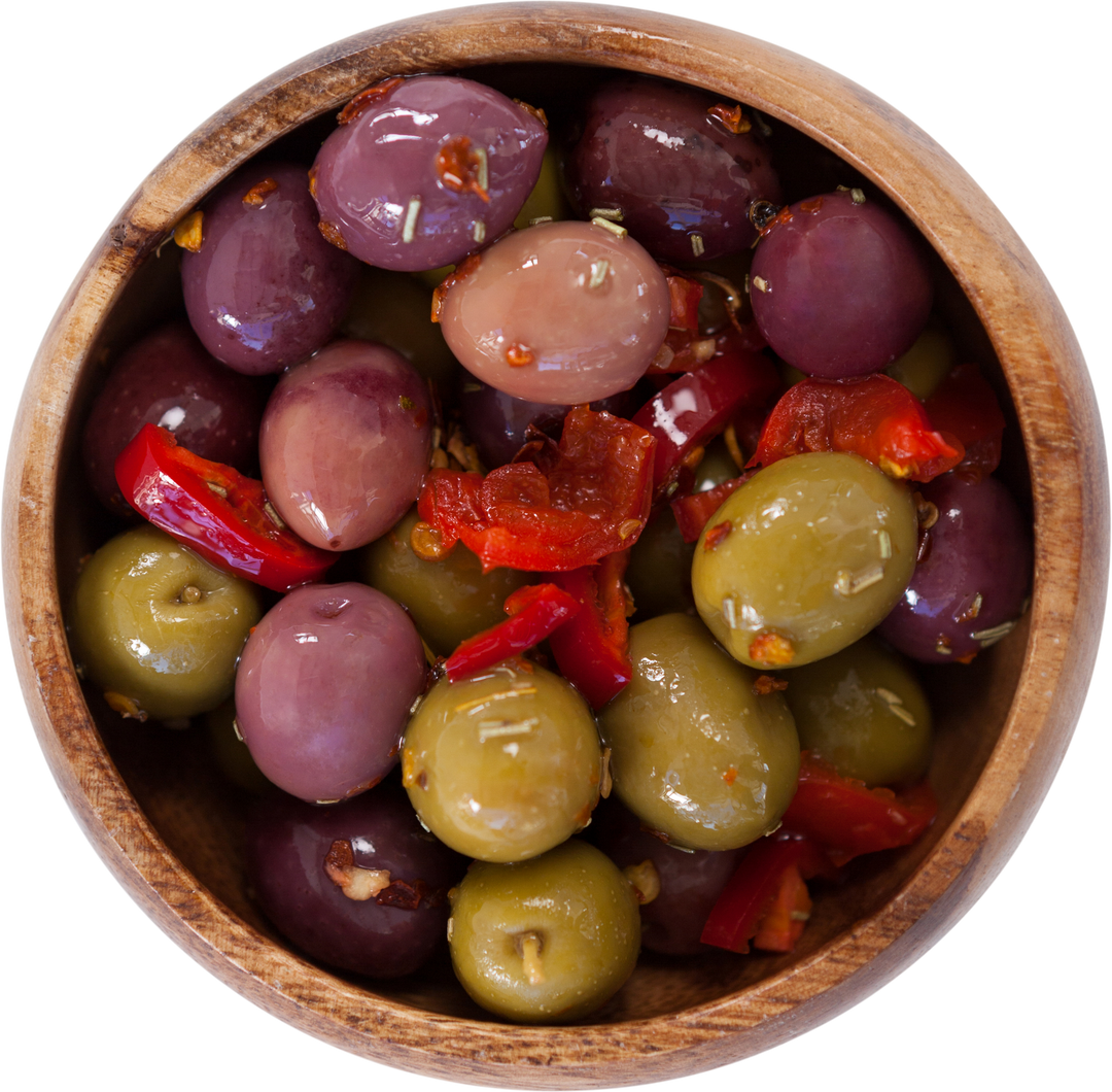 Transparent Wood Bowl with Mixed Olives and Red Peppers - Download Free Stock Images Pikwizard.com