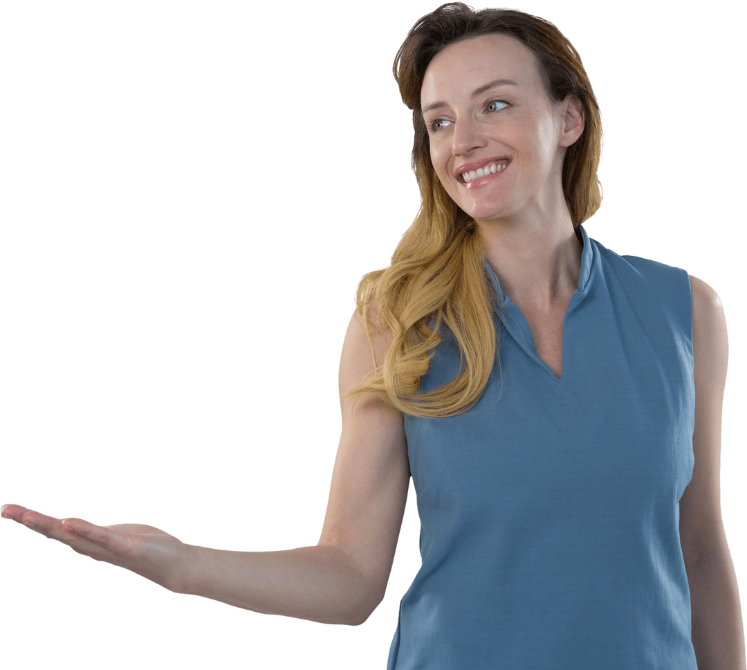 Smiling Caucasian Woman Gesturing with Open Hand Transparent Background