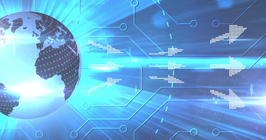 Glowing Globe with Digital Arrows Representing Global Connectivity