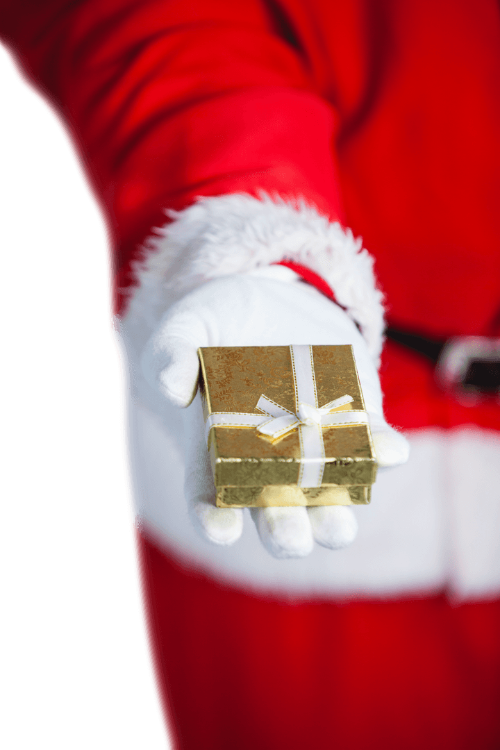 Transparent Santa Claus Holding Golden Gift Box in Hand