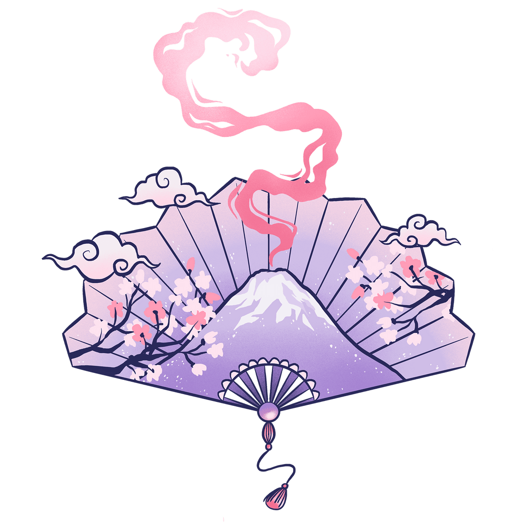 Traditional Fan Illustrating Mt Fuji and Cherry Blossoms on Transparent
