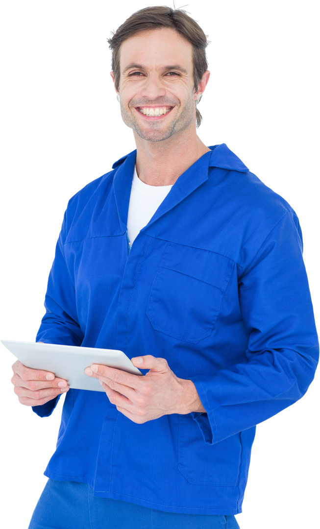 Transparent Happy Mechanic Holding Digital Tablet Displaying Friendly Smile in Blue Job Jacket - Download Free Stock Images Pikwizard.com