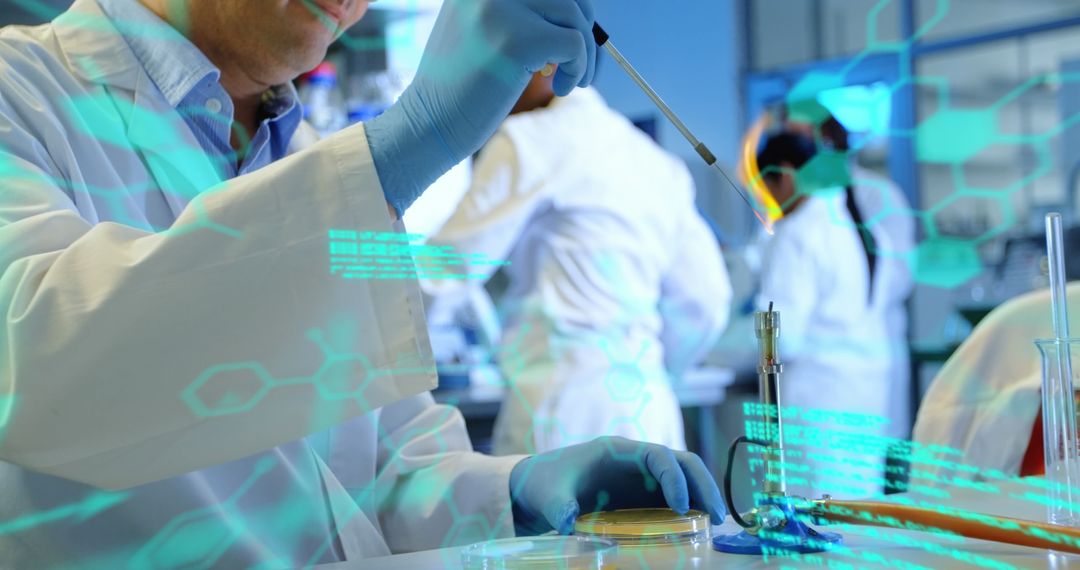 Scientist Conducting Experiment with Digital Data Overlay in Lab