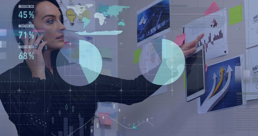 Businesswoman Analyzing Data and Making a Call in High-Tech Office