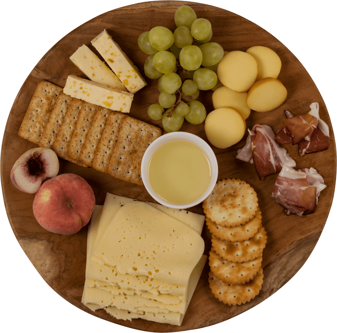 Transparent Wood Board with Cheese, Fruits and Crackers Assortment