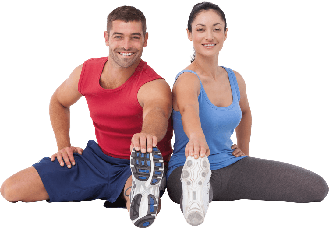 Smiling Fitness Couple Stretching Legs Transparently