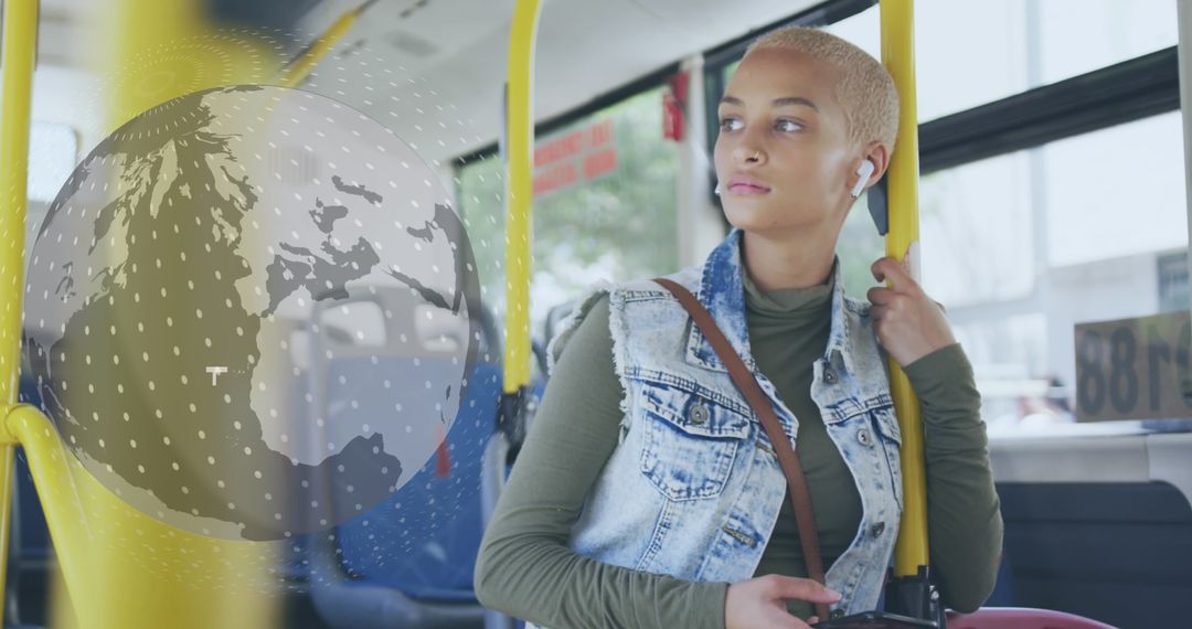 Woman on Bus Using Smartphone with AI Overlay Representation